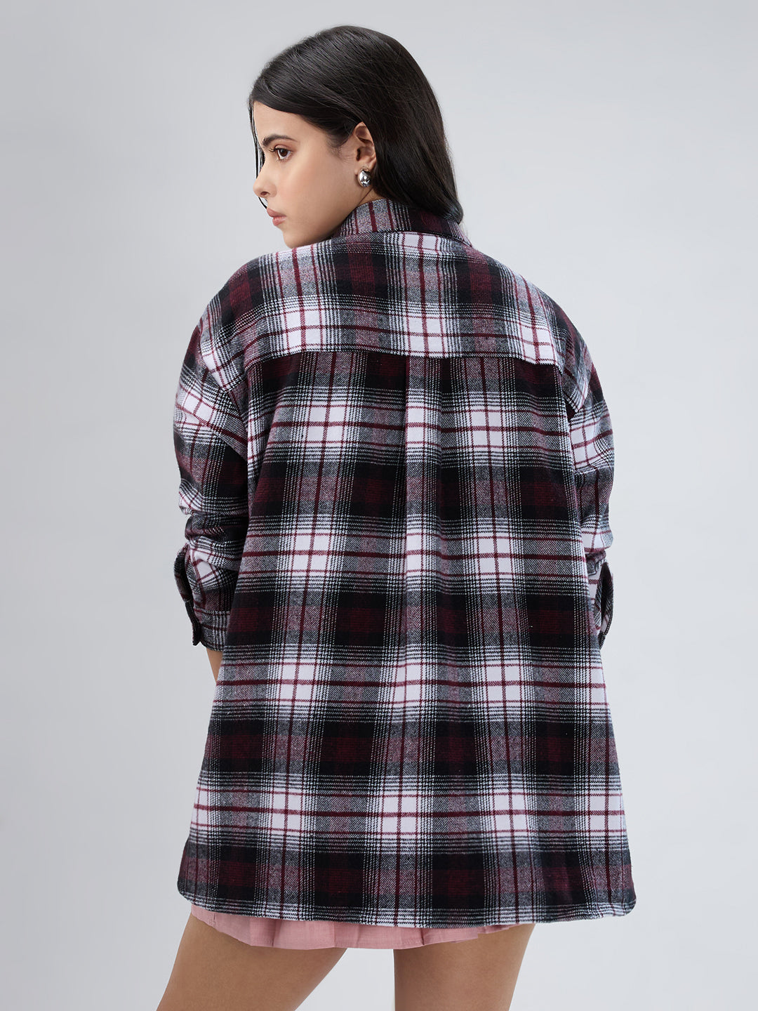 Maroon & White Checked Oversized Flannel Shirt