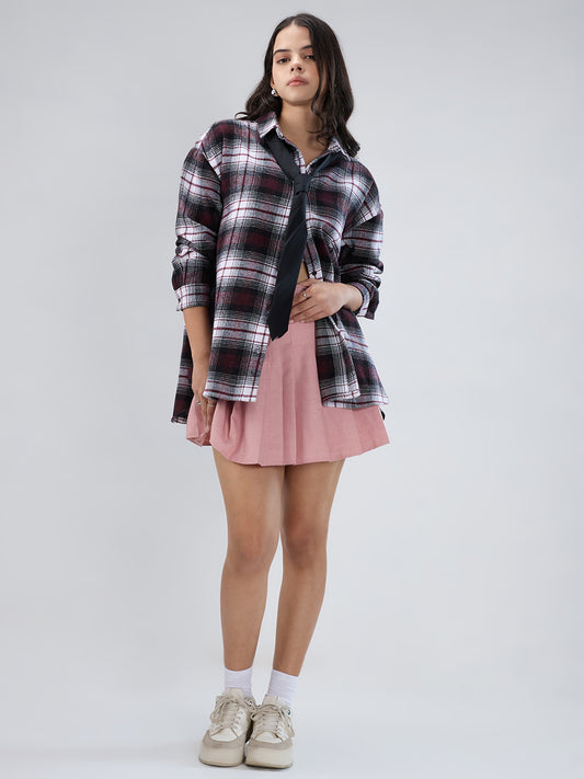 Maroon & White Checked Oversized Flannel Shirt