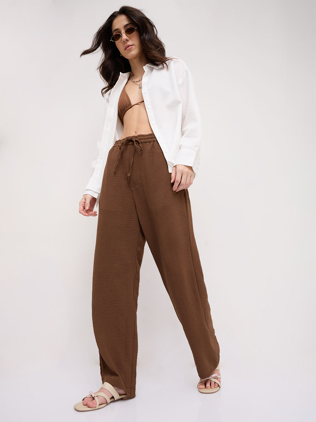 Mocha Brown Crinkled Straight Fit Trousers