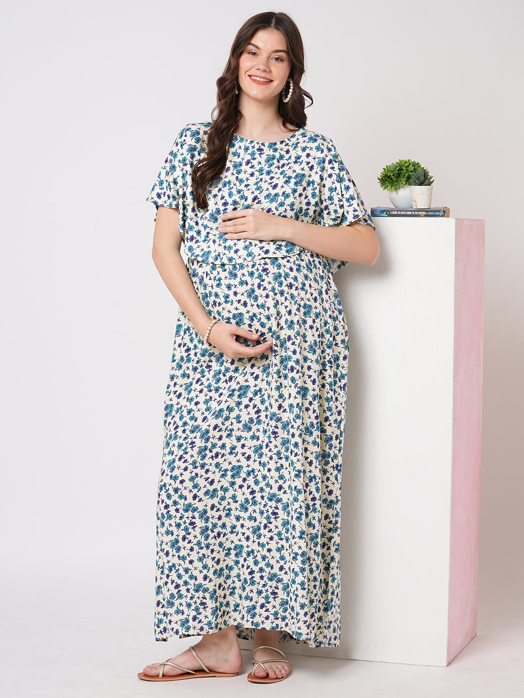 Ivory Vivid Blue Cosmos Floral Printed Maternity Dress