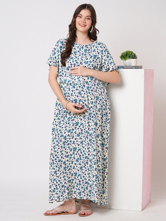 Ivory Vivid Blue Cosmos Floral Printed Maternity Dress