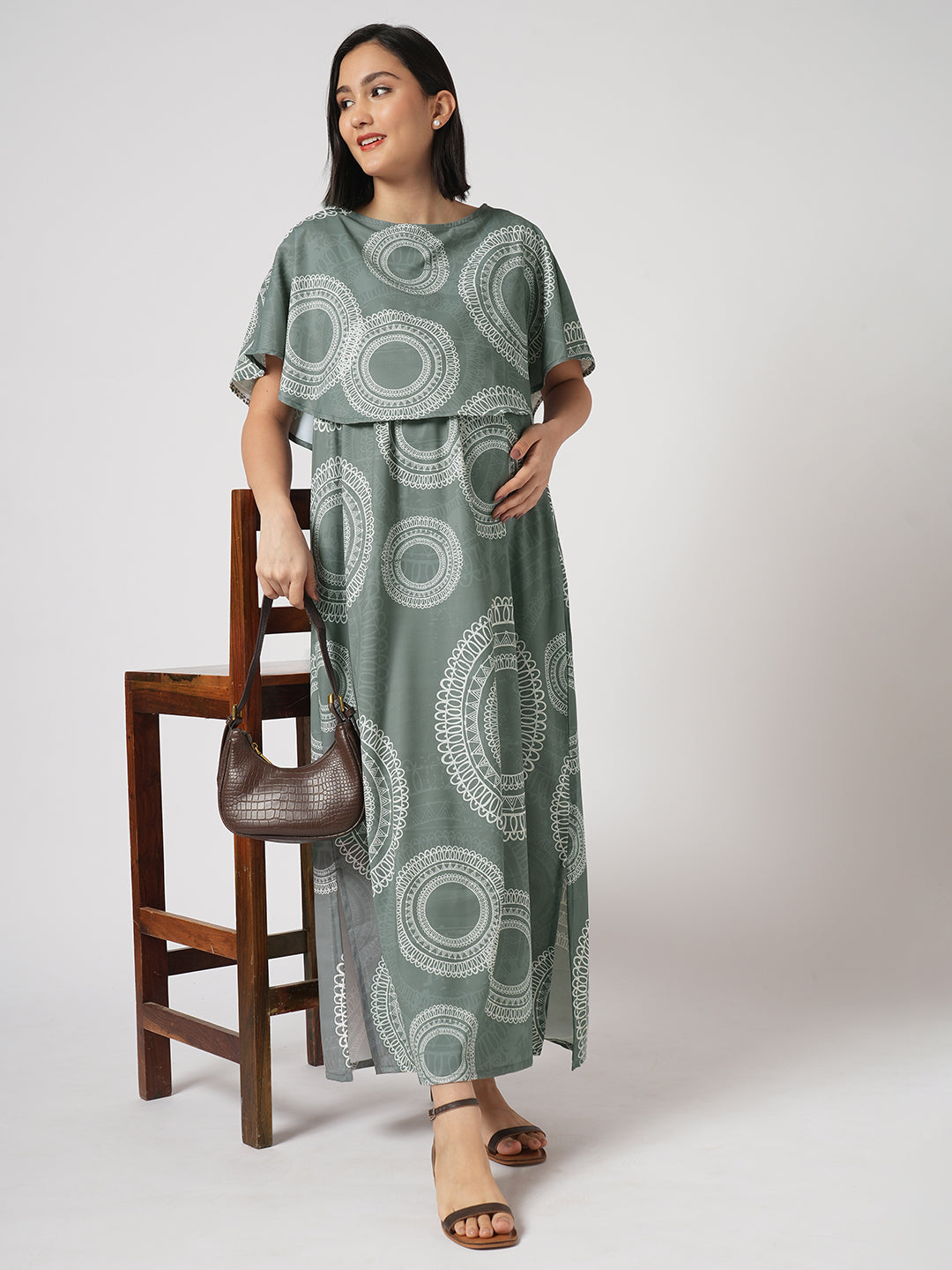 Sage Green Mandala Printed Maternity Dress
