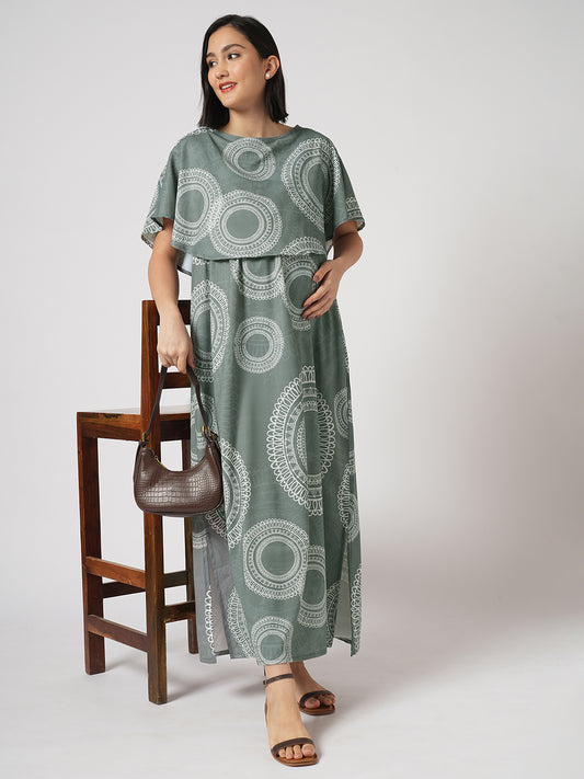 Sage Green Mandala Printed Maternity Dress
