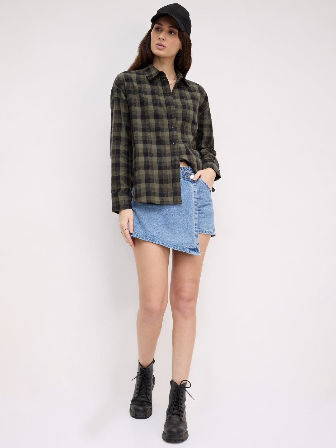 Olive & Black Tartan Checked Textured Oversized Shirt