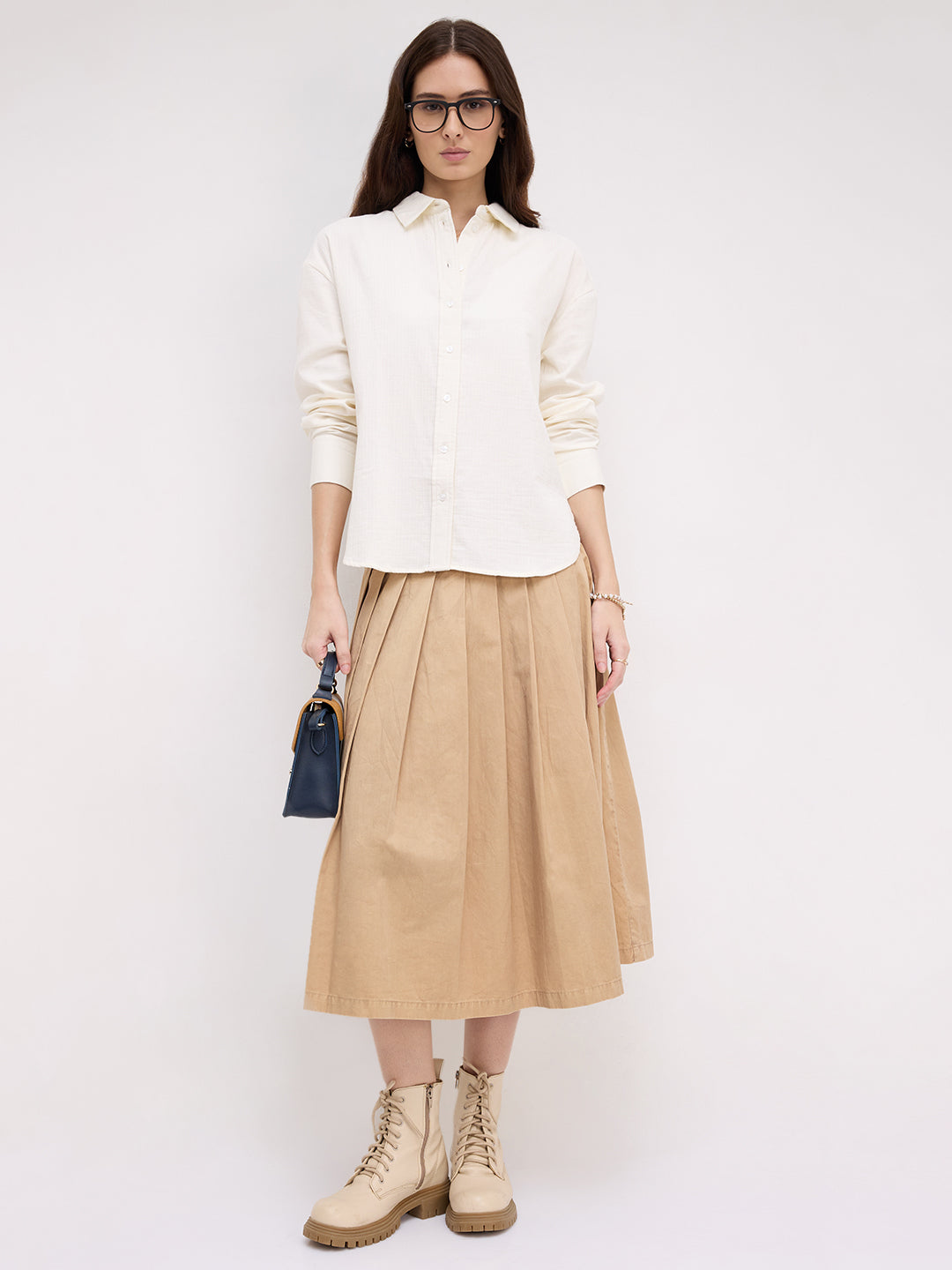 Pearl White Herringbone Textured Oversized Shirt