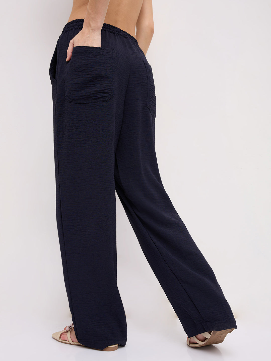 Luxe Midnight Navy Crinkled Straight Fit Trousers