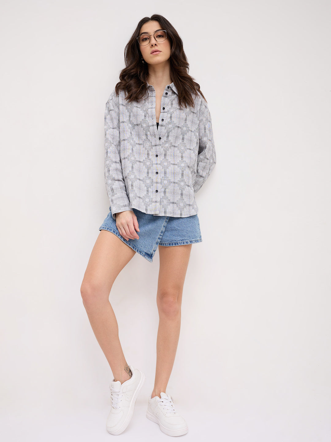 White & Black Gridlock Smokey Plaid Oversized Shirt