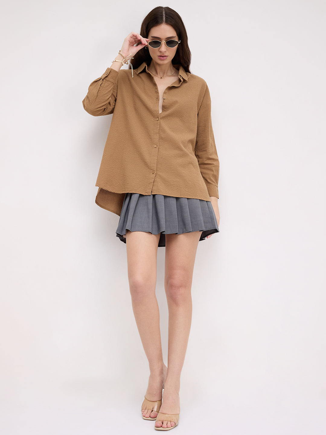 Tan Beige Seersucker Oversized Shirt