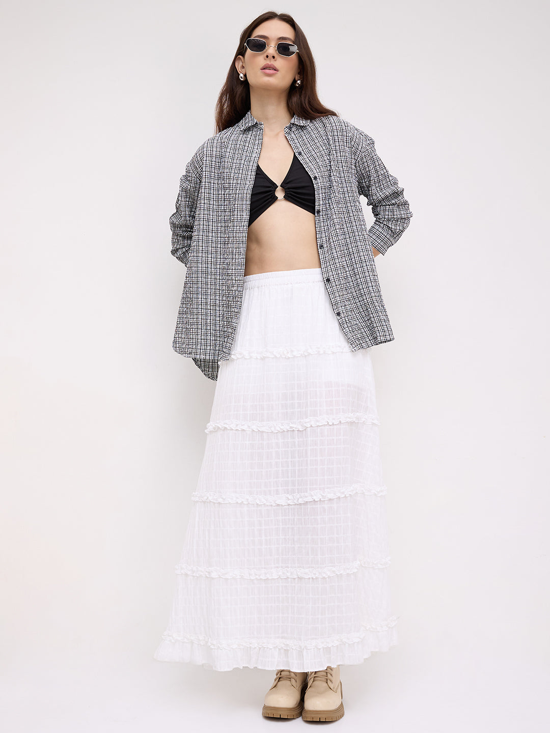 Black & White Tiny Checkered Seersucker Oversized Shirt