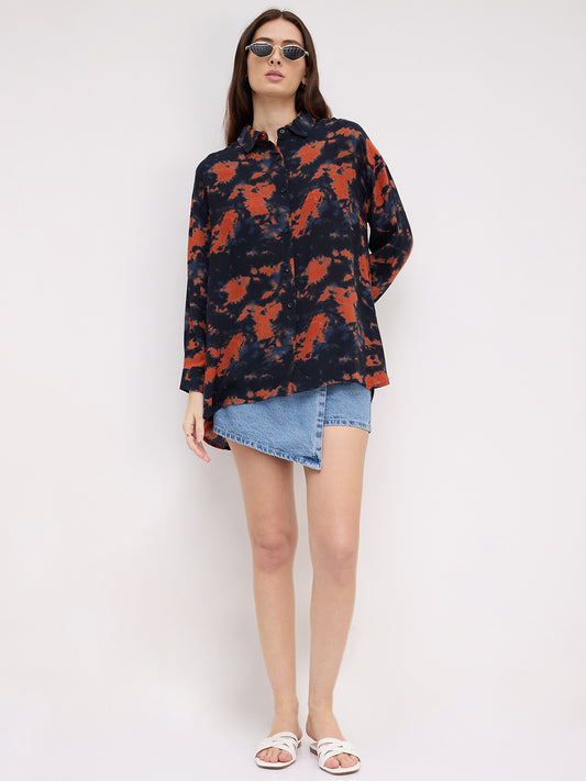 Black & Tangerine Tie- Dye Oversized Crepe Shirt