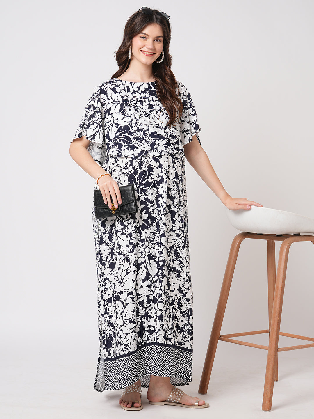 Monochrome Bloom Printed Maternity Dress