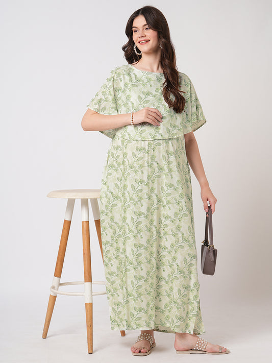 White & Green Leafy Printed Maternity Dress