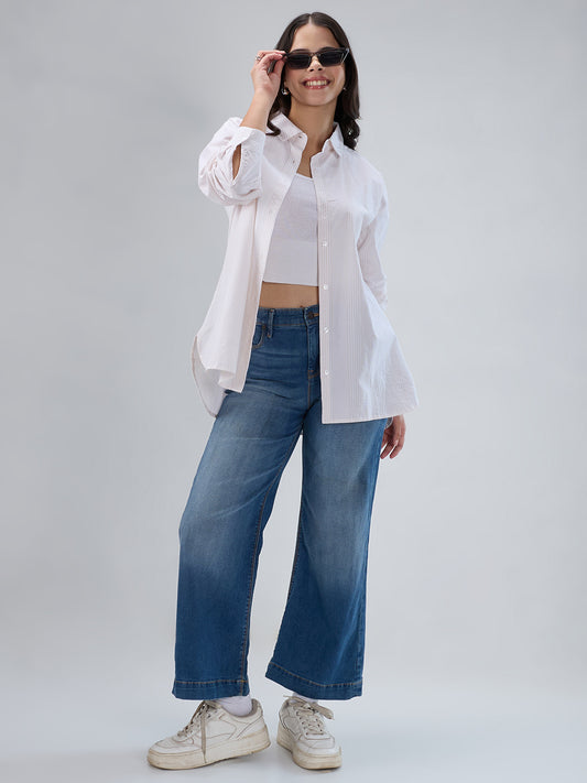 Beige & White Pin Striped Seersucker Oversized Shirt