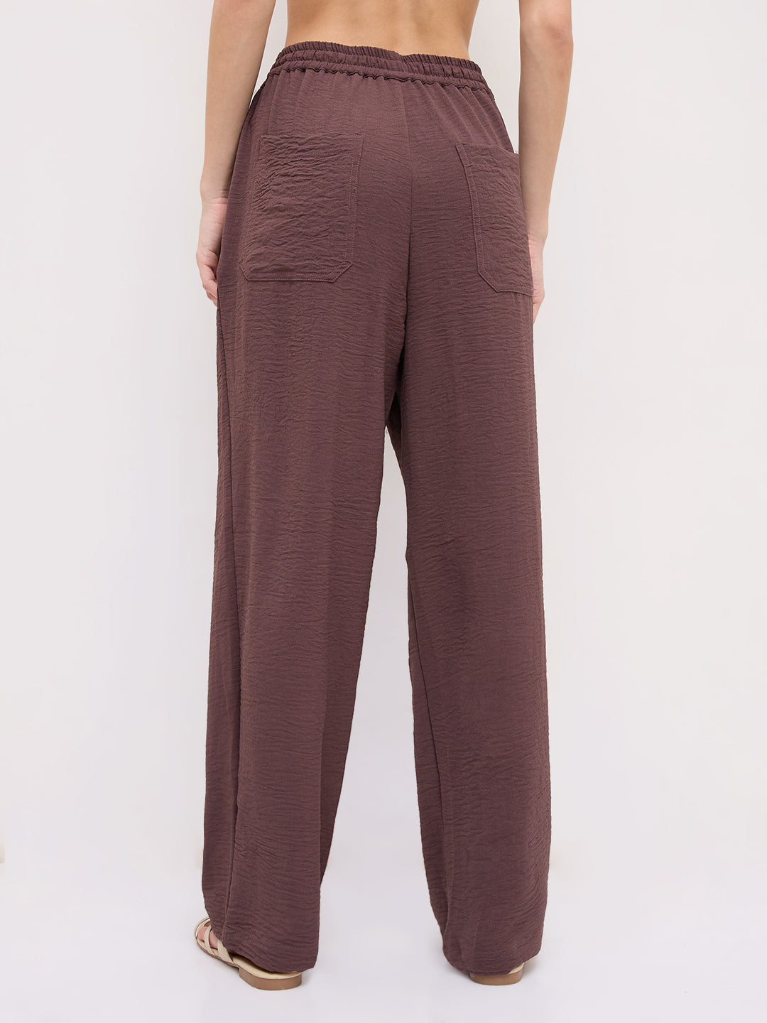 Luxe Warm Brown Crinkled Straight Fit Trousers