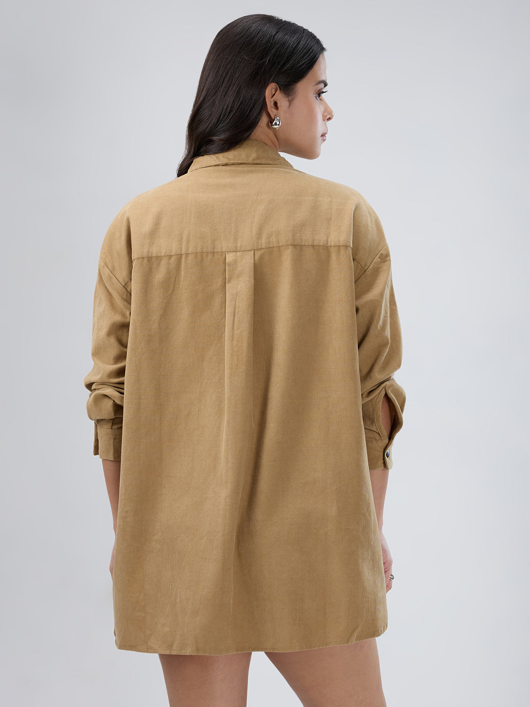 Solid Tan Beige Corduroy Oversized Shirt