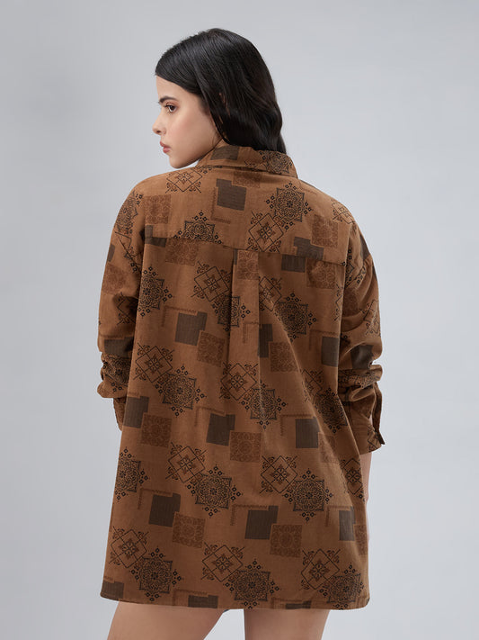 Brown Paisley Printed Corduroy Oversized Shirt