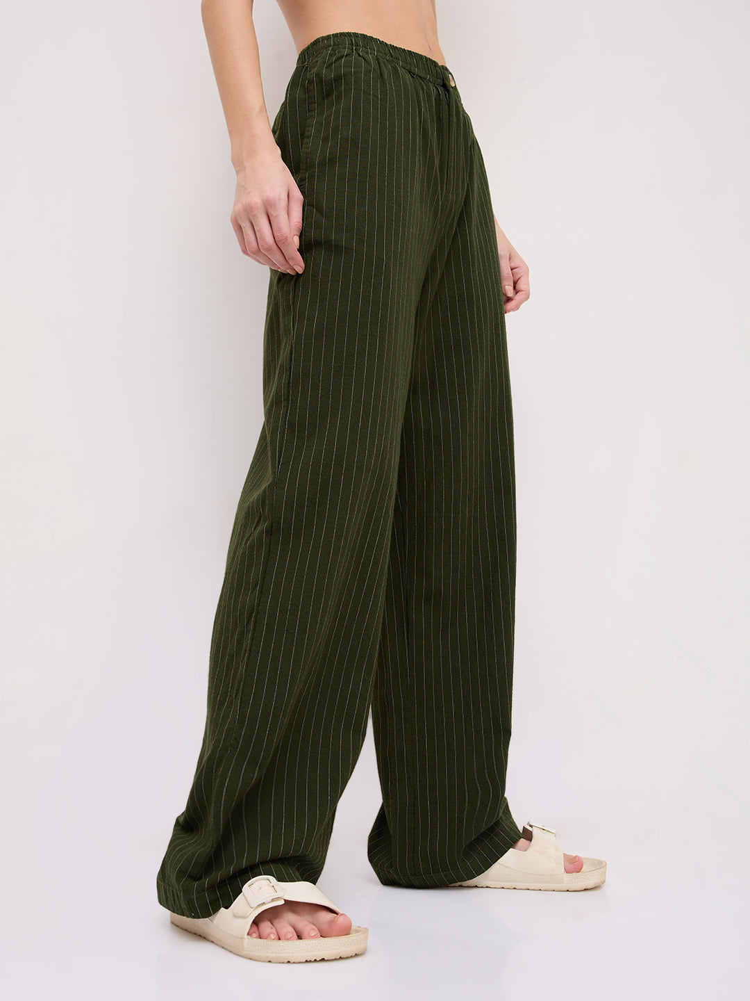 Deep Olive Pin Stripe Wide Leg Trousers