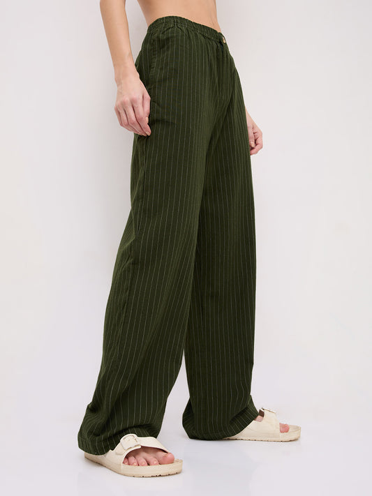 Deep Olive Pin Stripe Wide Leg Trousers
