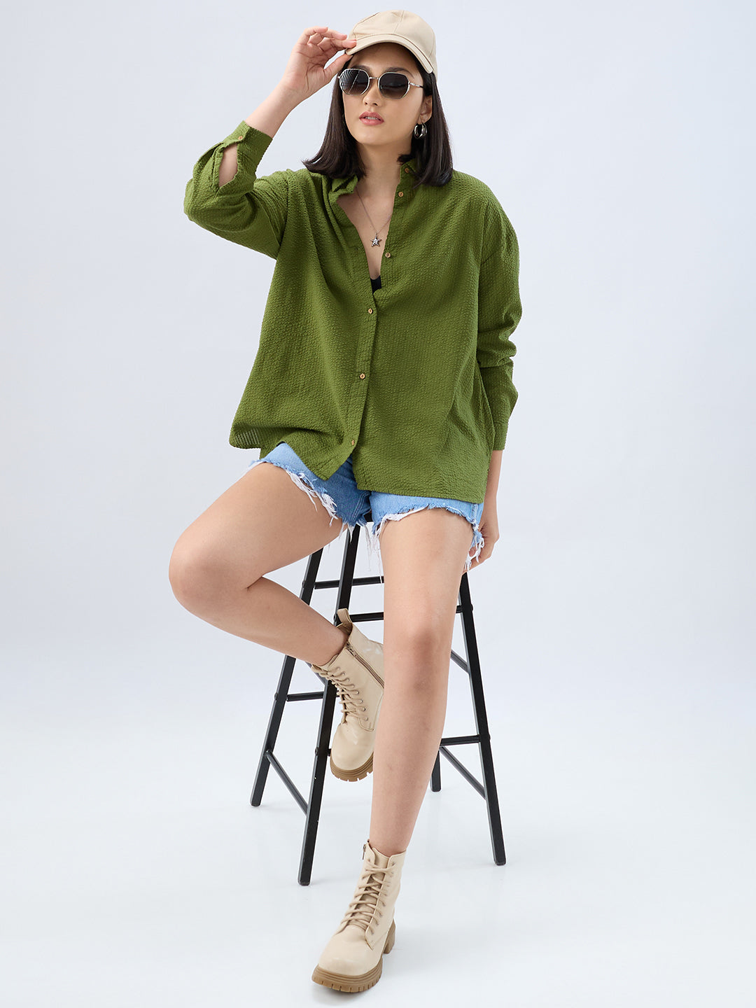 Olive Seersucker Oversized Shirt