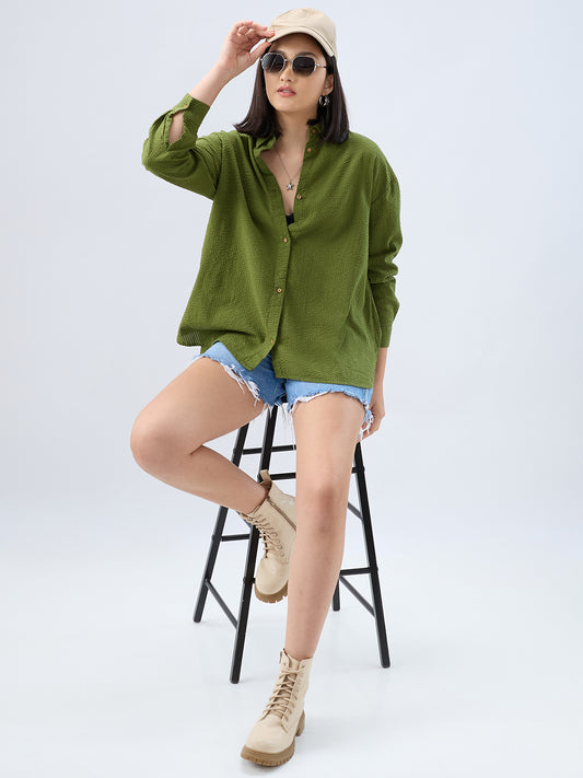 Olive Seersucker Oversized Shirt