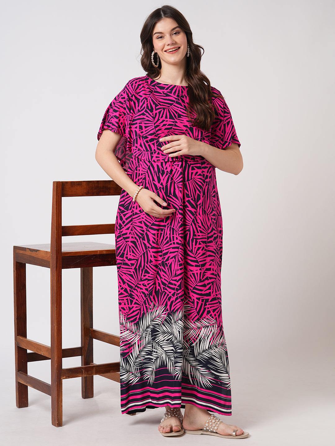Pink & Black Multicolor Abstract Printed Maternity Dress
