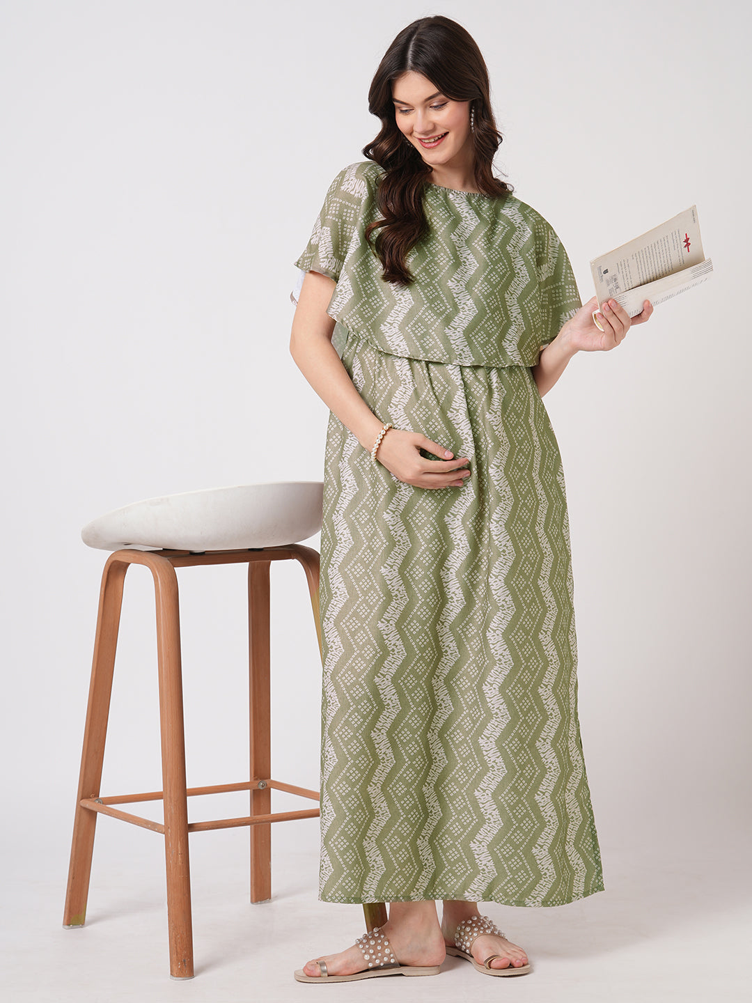 Basil Green Ikat Printed Maternity Dress