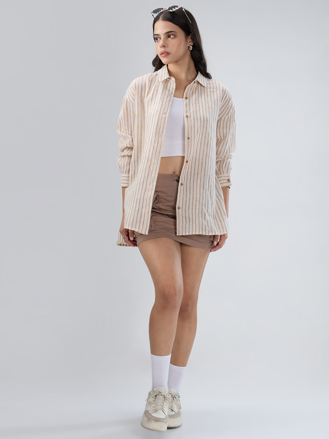 Beige & Brown Striped Burlap Shirt