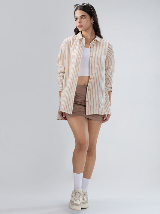 Beige & Brown Striped Burlap Shirt