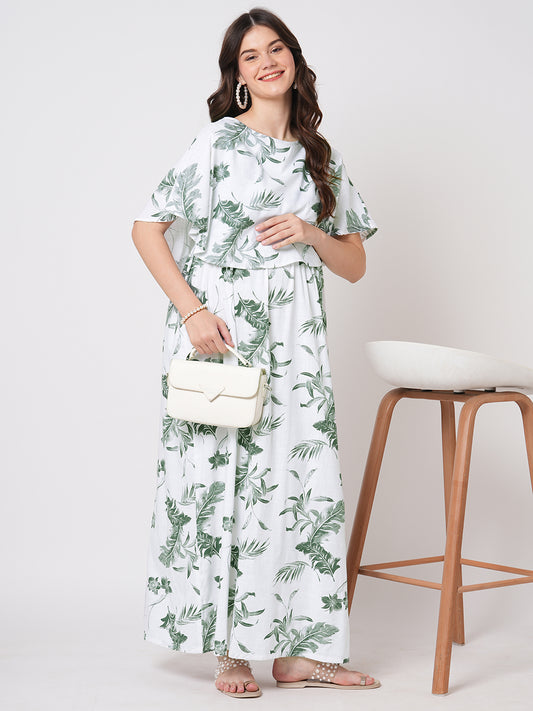 White & Olive Tropical Printed Maternity Dress