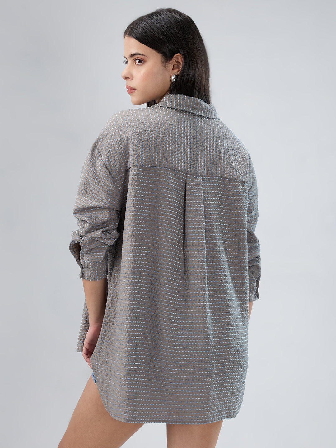Grey & Blue Dotted Jacquard Oversized Shirt