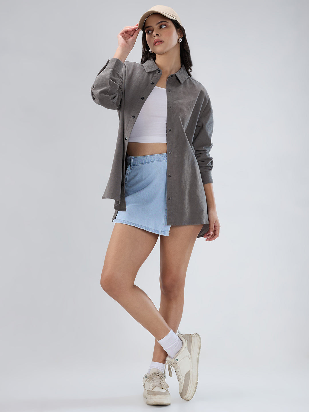 Solid Slate Grey Corduroy Oversized Shirt