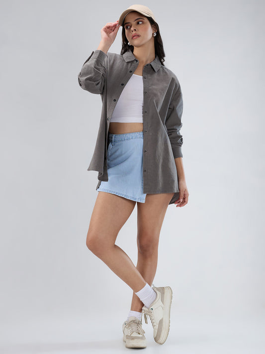 Solid Slate Grey Corduroy Oversized Shirt