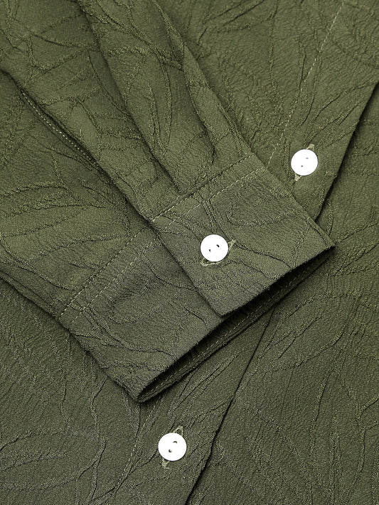 Olive Leafy Textured Oversized Shirt