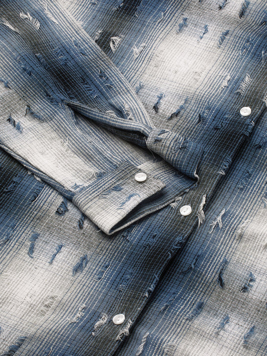 Blue & White Self Design Frayed Oversized Shirt