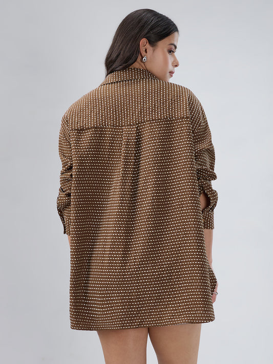 Brunette Brown & Beige Dotted Jacquard Oversized Shirt