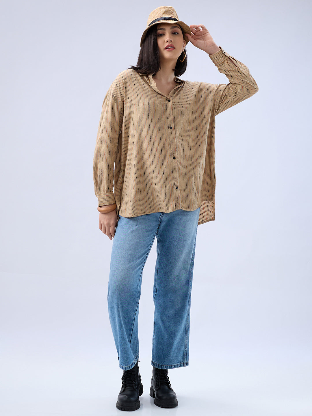 Tan Brown Dobby Oversized Shirt