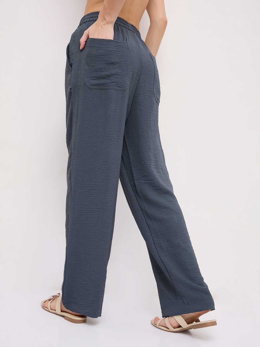 Plush Grey Crinkled Straight Fit Trousers