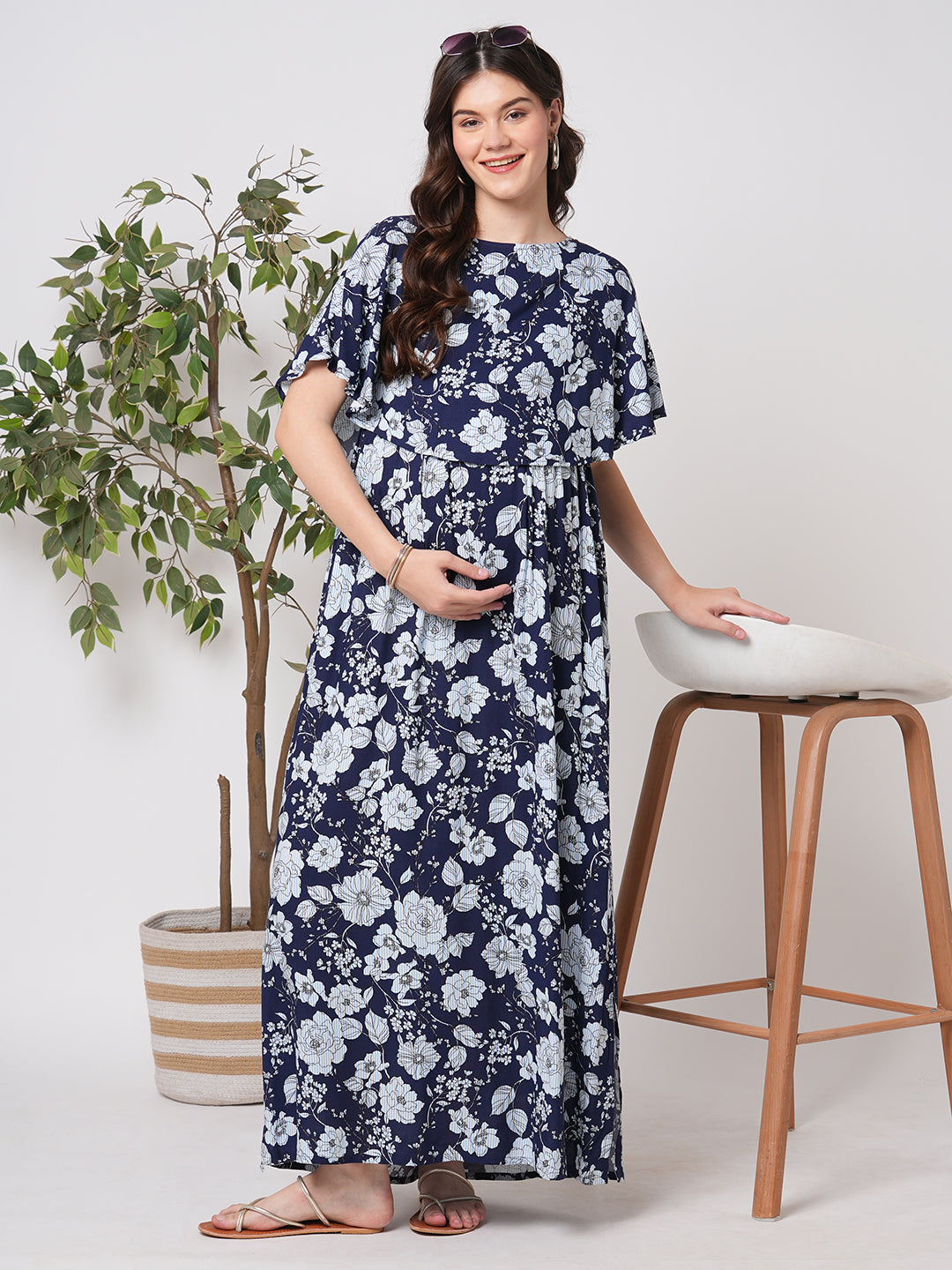 Chic Navy Blossom Printed Comfy Maternity Dress