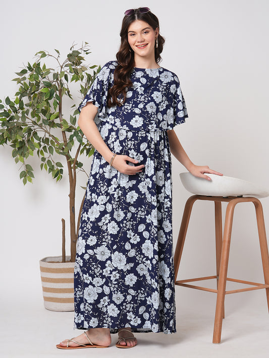 Chic Navy Blossom Printed Comfy Maternity Dress