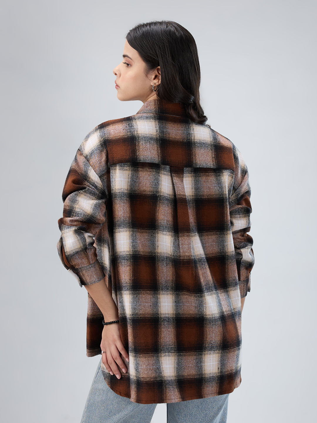 Brown & Beige Checkered Oversized Flannel Shirt