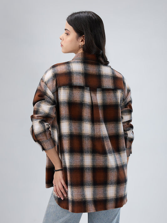 Brown & Beige Checkered Oversized Flannel Shirt