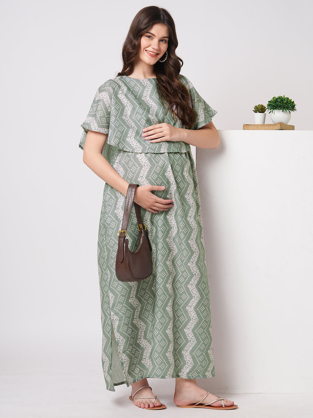 Milestone Grey Ikat Printed Maternity Dress