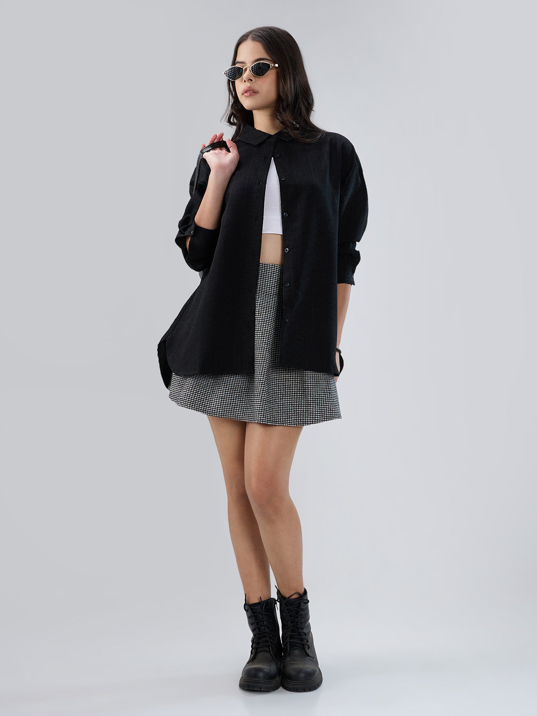 Black Slub Textured Oversized Shirt