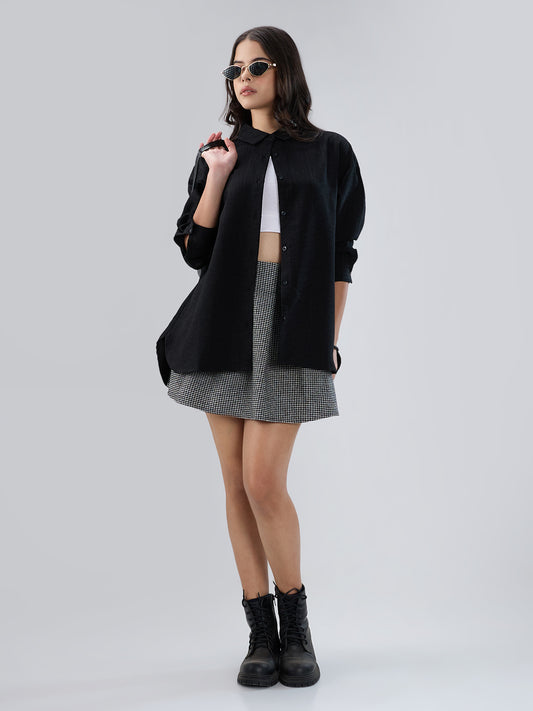 Black Slub Textured Oversized Shirt