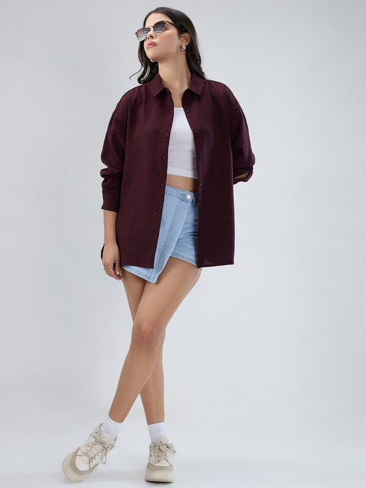 Wine Slub Textured Oversized Shirt