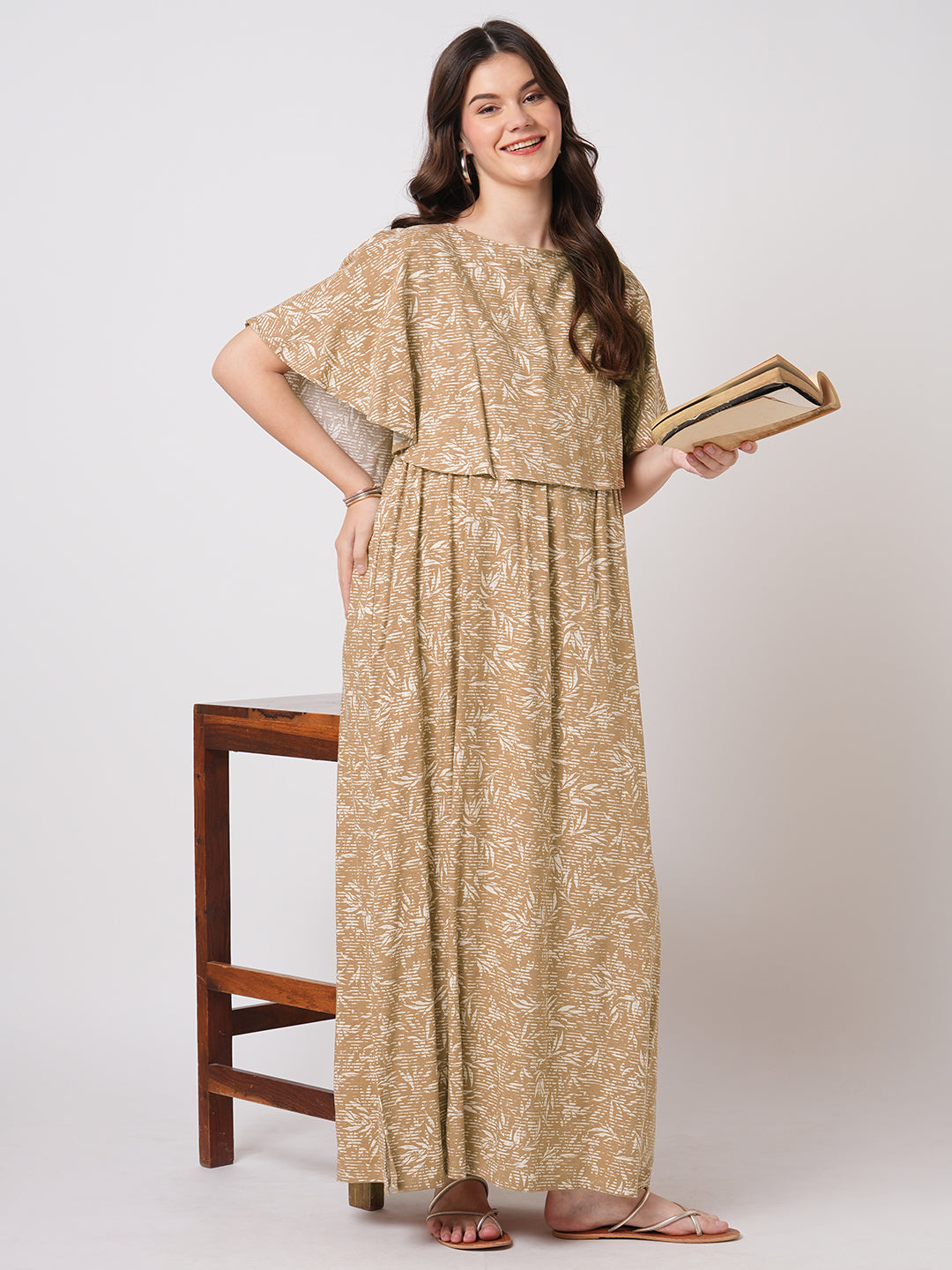 Tawny Brown Leafy Printed Maternity Dress