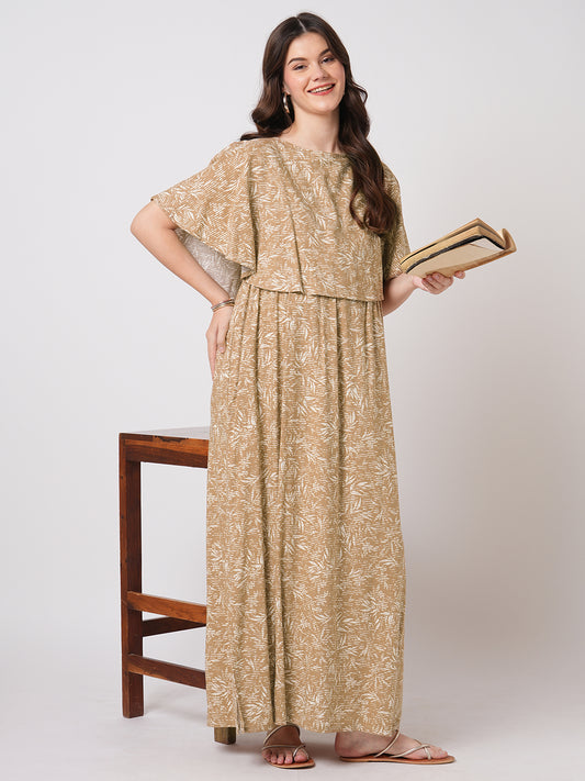 Tawny Brown Leafy Printed Maternity Dress