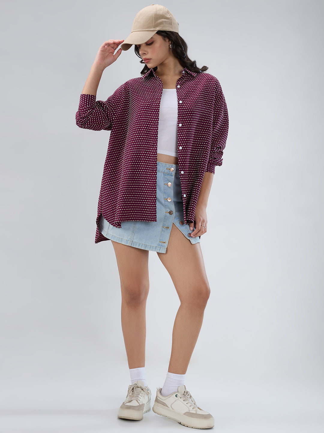 Maroon Dotted Drama Jacquard Oversized Shirt