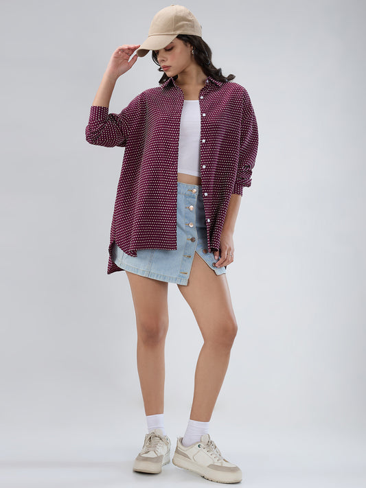 Maroon Dotted Drama Jacquard Oversized Shirt