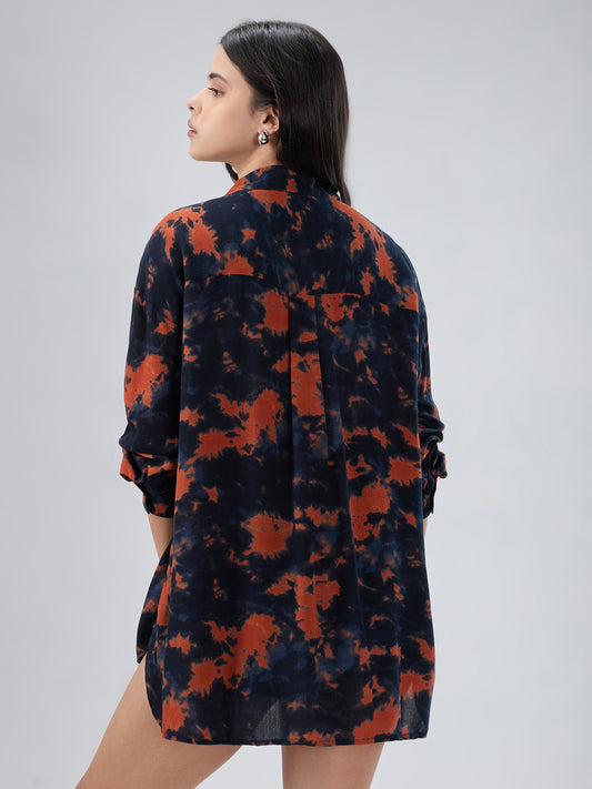 Black & Tangerine Tie- Dye Oversized Crepe Shirt